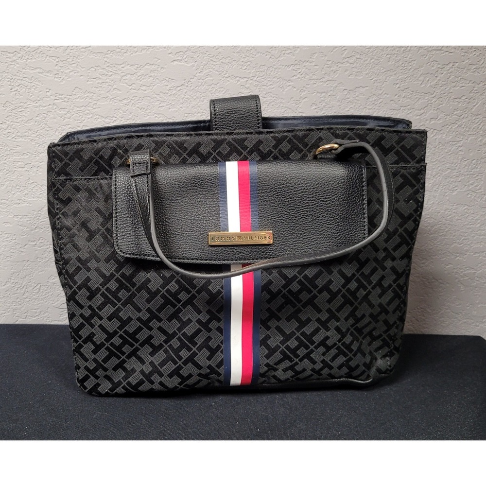 Tommy Hilfiger Black TH Monogram Tote Bag Fabric Jacquard Stripe Handbag